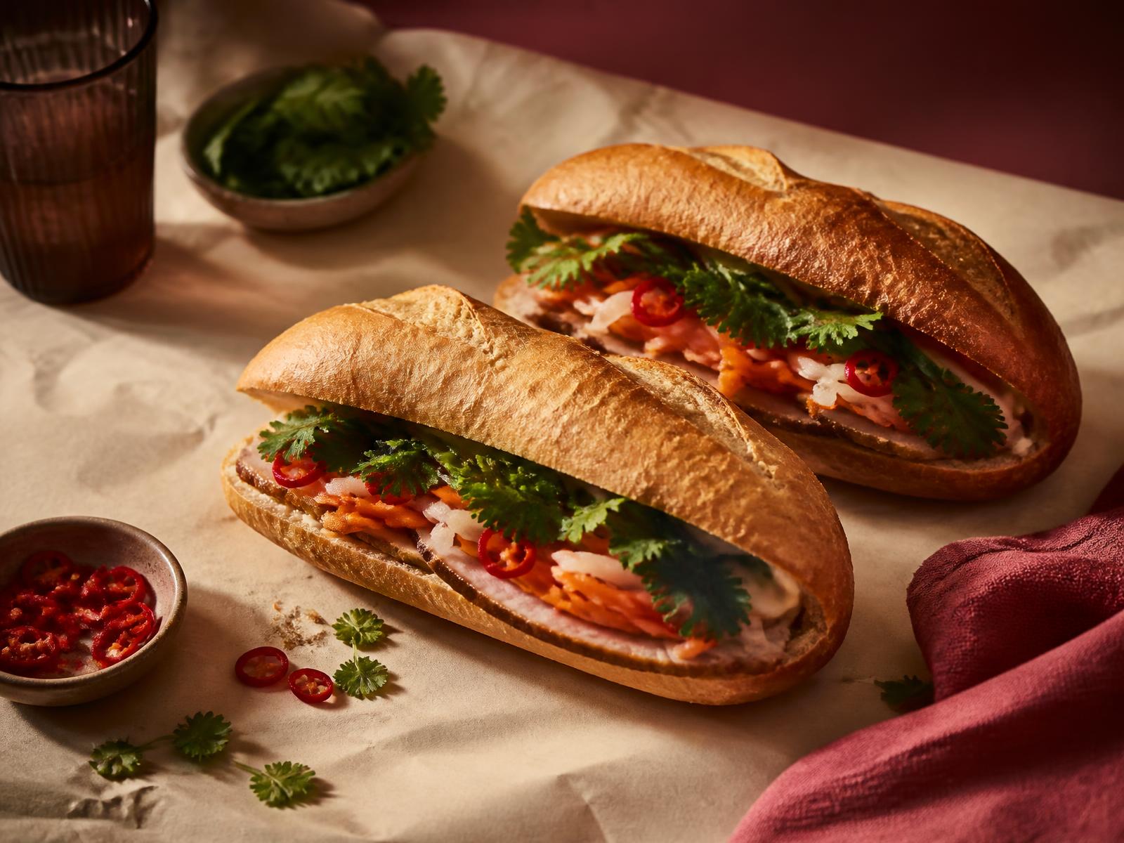 Two Vietnamese banh mi rolls with pickled carrot, coriander and chilli